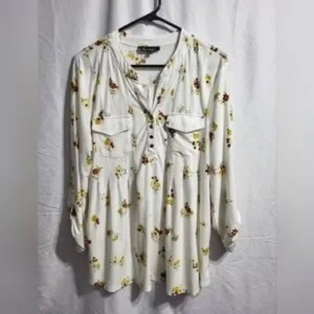 White Floral V-Neck Blouse with Pockets - Women Tops